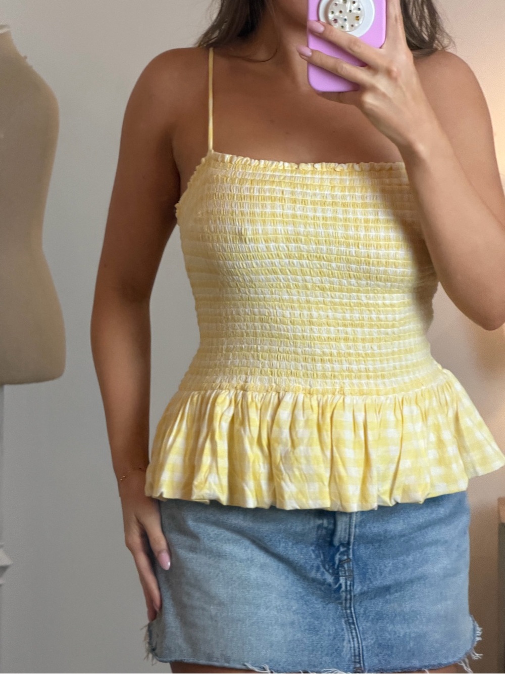 Sundance Tank Free People Yellow Gingham Smocked Peplum Cami